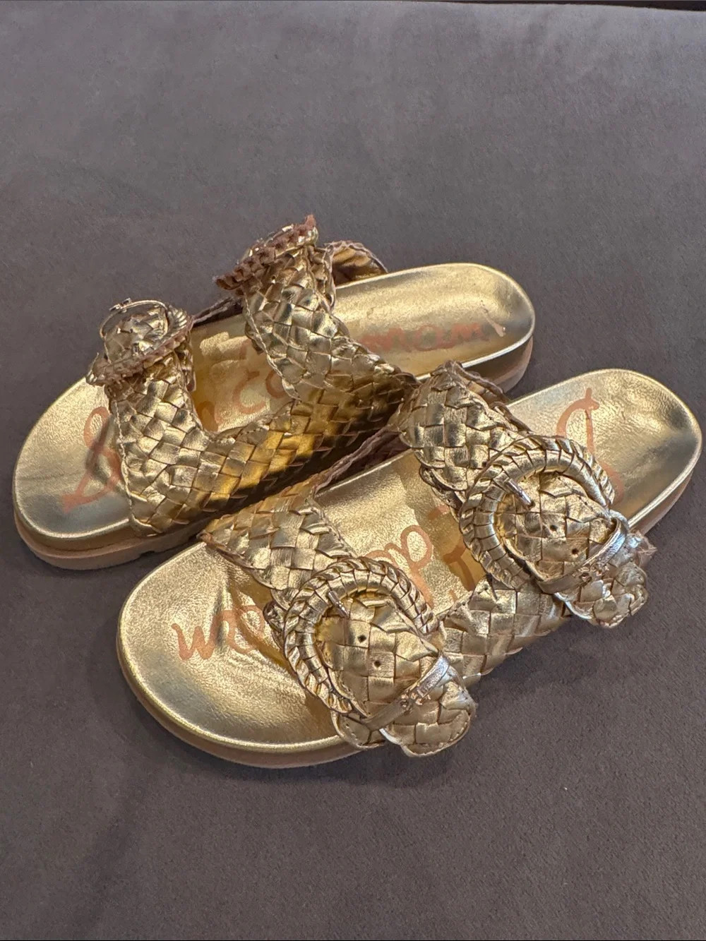 Sam Edelman Women's Woven Double-Buckle Slide Sandals in Metallic Gold